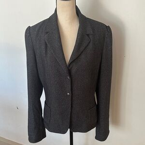 T Tahari Charcoal Blazer Jacket 14 Ruched Back Bell Sleeves Tweed Snap Pockets